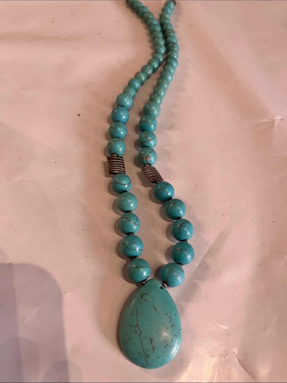 Turquoise Bead Necklace with Teardrop Pendant - HOWLITE Blue